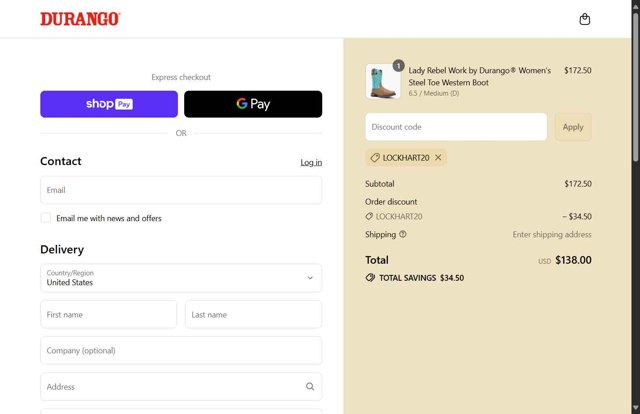 Durango checkout page showing Durango promo code box | Screenshot taken by SimplyCodes community member on Aug 25, 2025