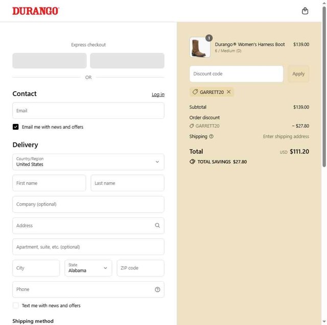 Durango checkout page showing Durango promo code box | Screenshot taken by SimplyCodes community member on Aug 6, 2025