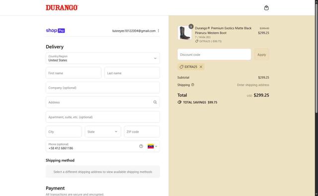 Durango checkout page showing Durango promo code box | Screenshot taken by SimplyCodes community member on Aug 19, 2025