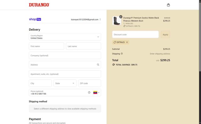 Durango checkout page showing Durango promo code box | Screenshot taken by SimplyCodes community member on Aug 19, 2025