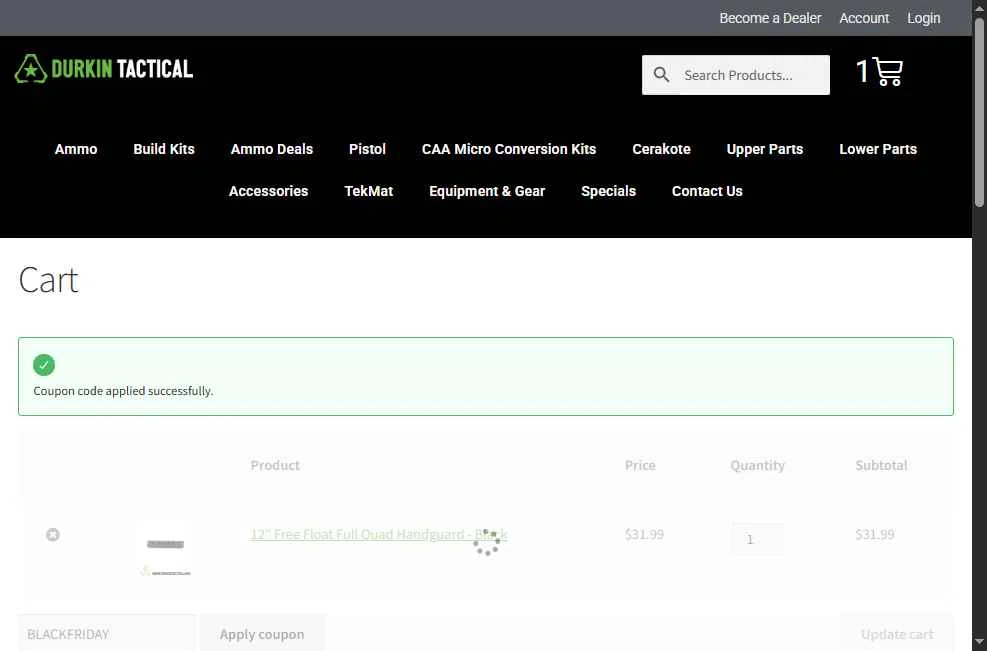 Durkin Tactical checkout page showing Durkin Tactical coupon code box | Screenshot taken by SimplyCodes community member on Jan 6, 2026