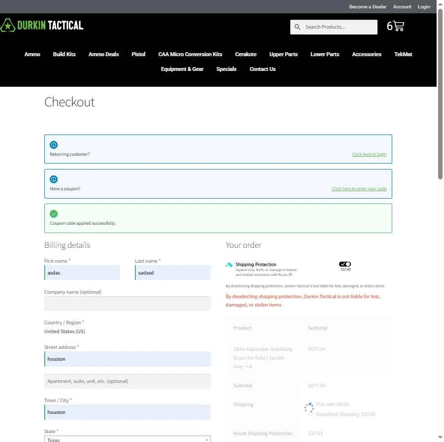 Durkin Tactical checkout page showing Durkin Tactical coupon code box | Screenshot taken by SimplyCodes community member on Dec 31, 2025
