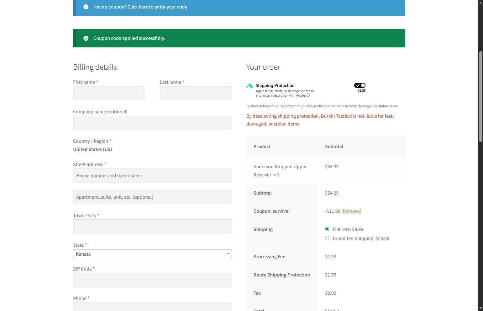 Durkin Tactical checkout page showing Durkin Tactical coupon code box | Screenshot taken by SimplyCodes community member on Dec 2, 2025