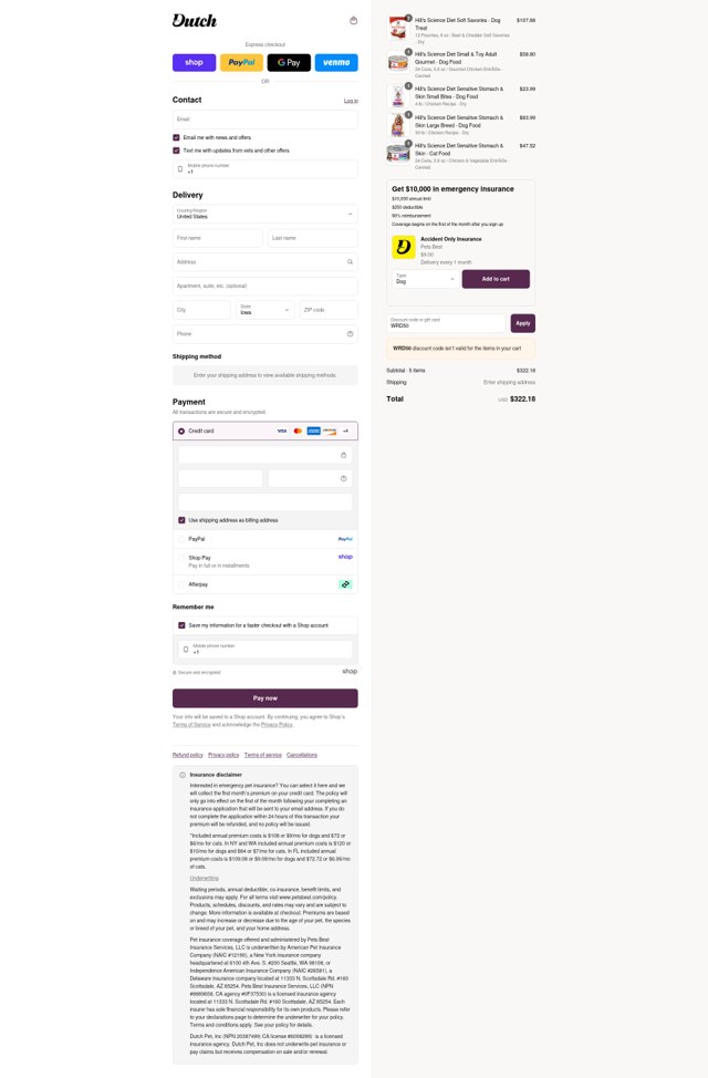 Dutch Pet checkout page showing Dutch Pet promo code box | Screenshot taken by SimplyCodes community member on Sep 8, 2025