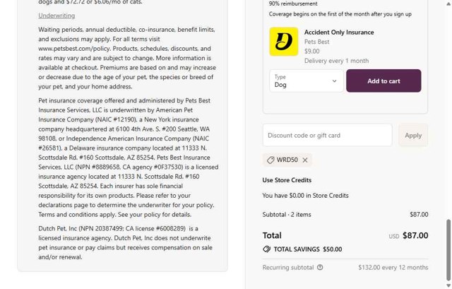 Dutch Pet checkout page showing Dutch Pet promo code box | Screenshot taken by SimplyCodes community member on Sep 6, 2025