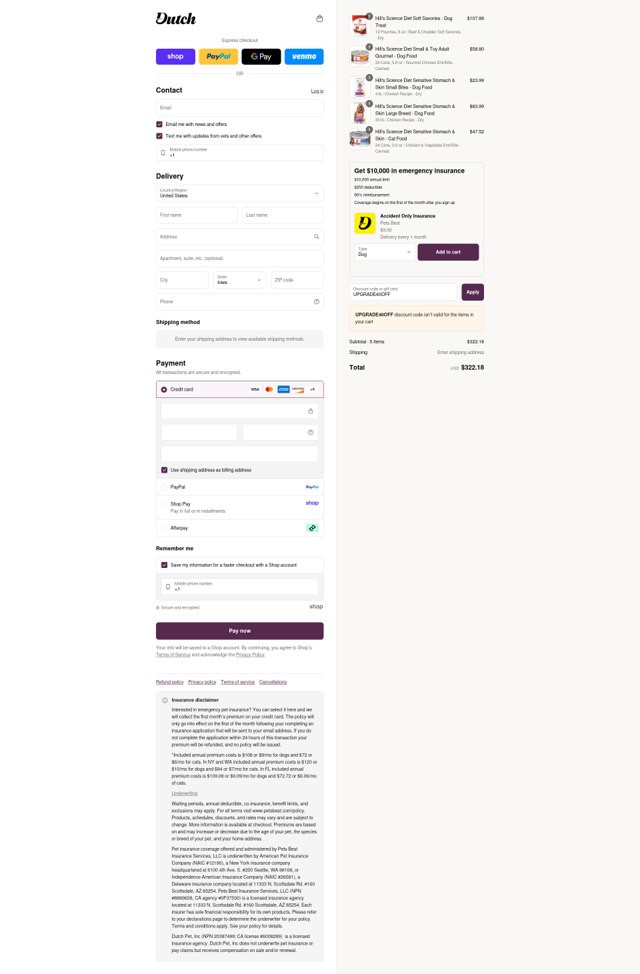 Dutch Pet checkout page showing Dutch Pet promo code box | Screenshot taken by SimplyCodes community member on Sep 8, 2025