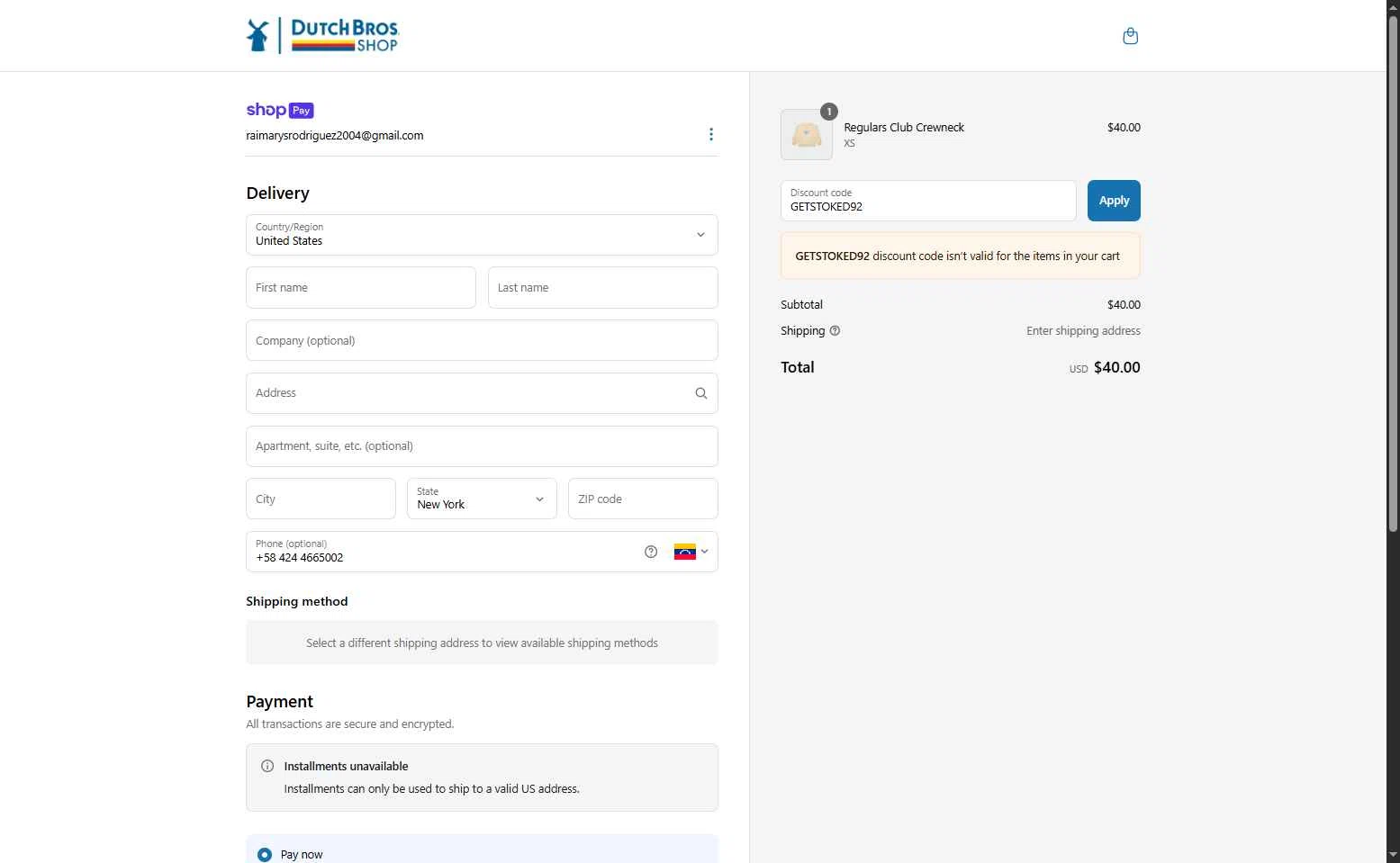Dutch Bros Coffee checkout page showing Dutch Bros Coffee promo code box | Screenshot taken by SimplyCodes community member on Jun 20, 2025