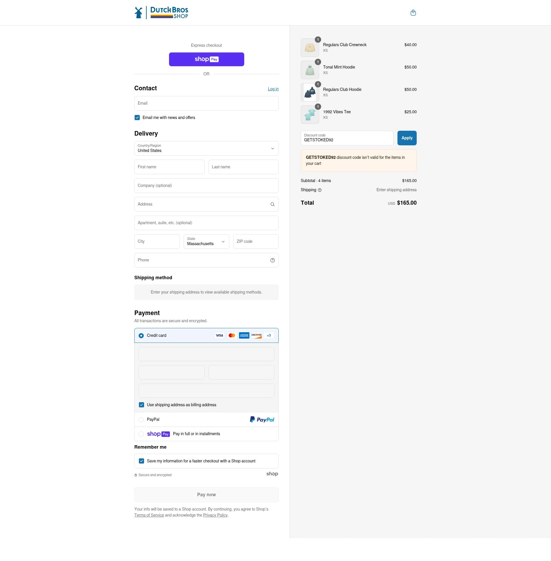 Dutch Bros Coffee checkout page showing Dutch Bros Coffee promo code box | Screenshot taken by SimplyCodes community member on Jun 30, 2025