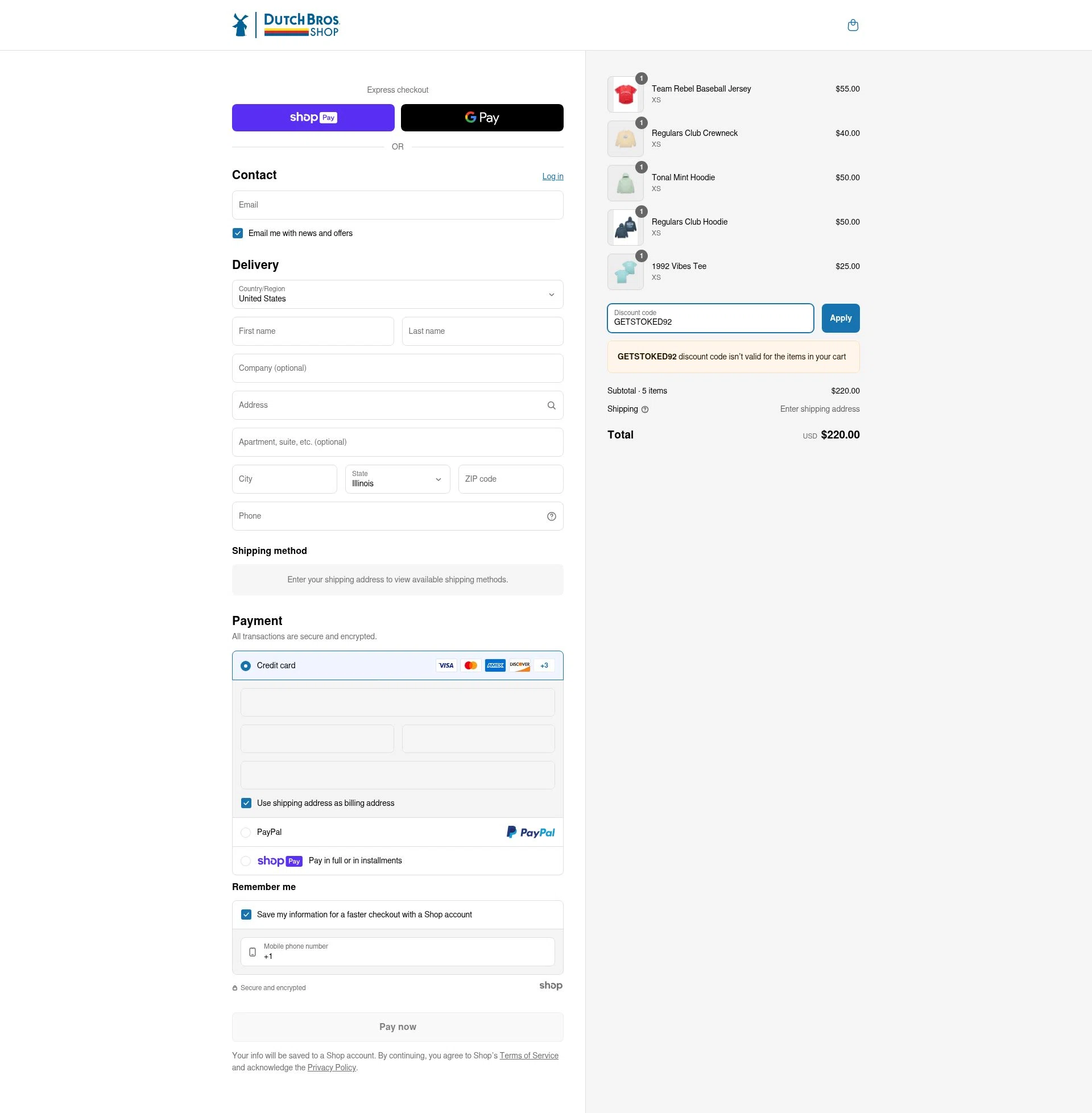 Dutch Bros Coffee checkout page showing Dutch Bros Coffee promo code box | Screenshot taken by SimplyCodes community member on Jun 15, 2025