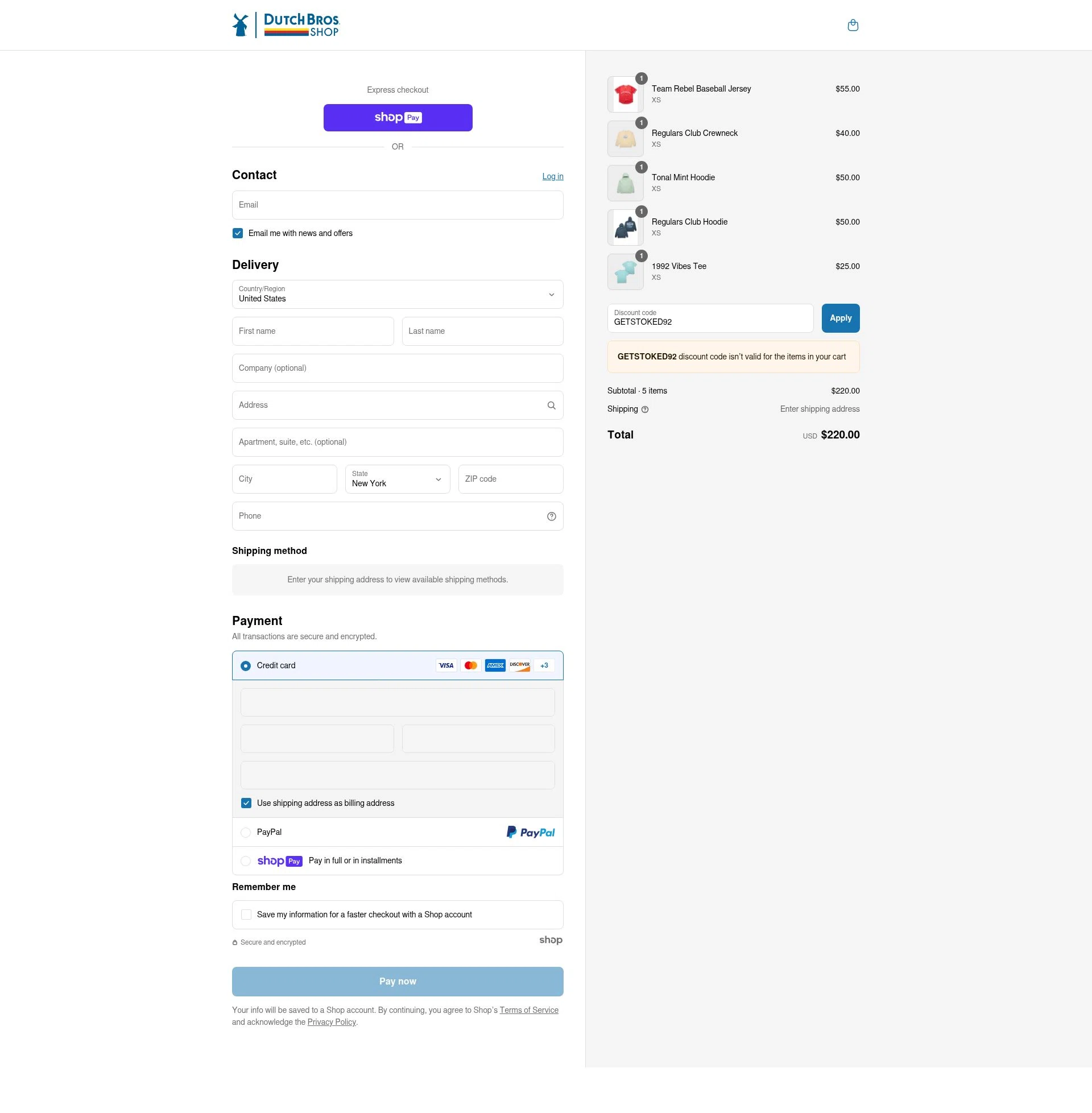 Dutch Bros Coffee checkout page showing Dutch Bros Coffee promo code box | Screenshot taken by SimplyCodes community member on Jun 18, 2025