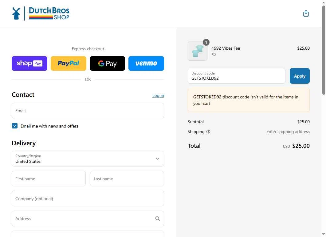 Dutch Bros Coffee checkout page showing Dutch Bros Coffee promo code box | Screenshot taken by SimplyCodes community member on Jun 29, 2025