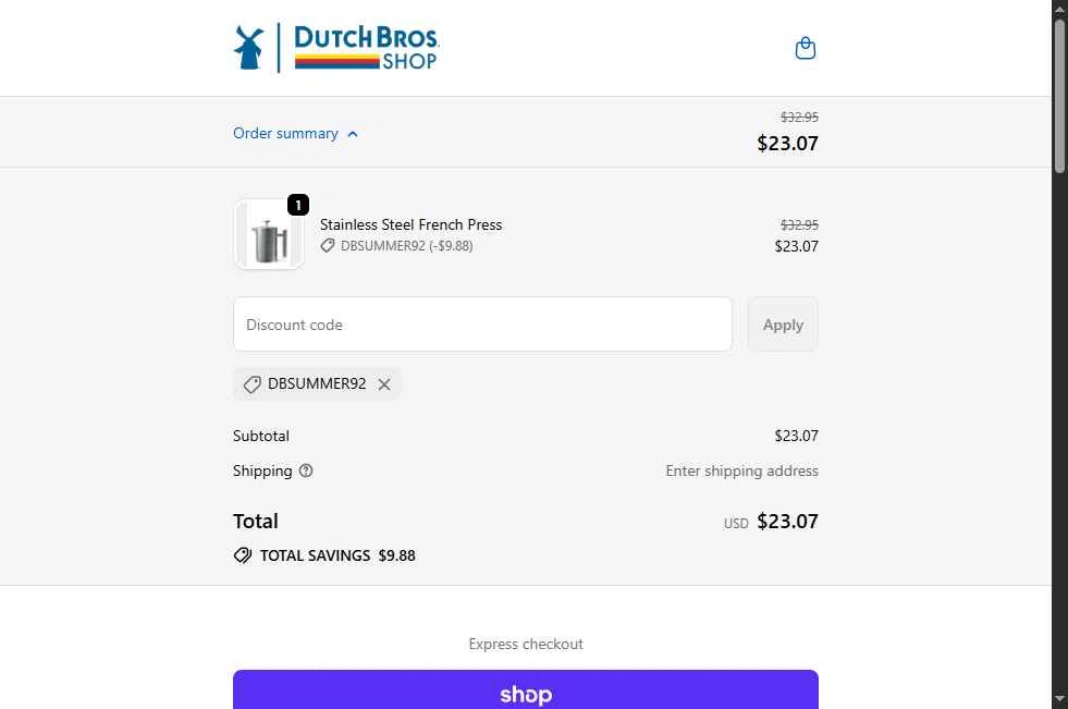 Dutch Bros Coffee checkout page showing Dutch Bros Coffee promo code box | Screenshot taken by SimplyCodes community member on Sep 27, 2025