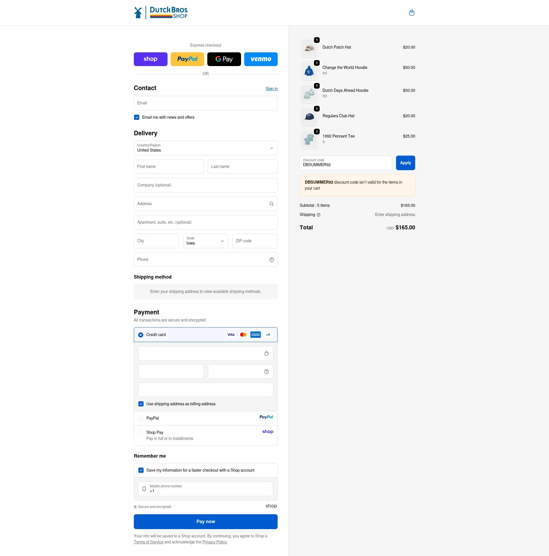 Dutch Bros Coffee checkout page showing Dutch Bros Coffee promo code box | Screenshot taken by SimplyCodes community member on Sep 30, 2025