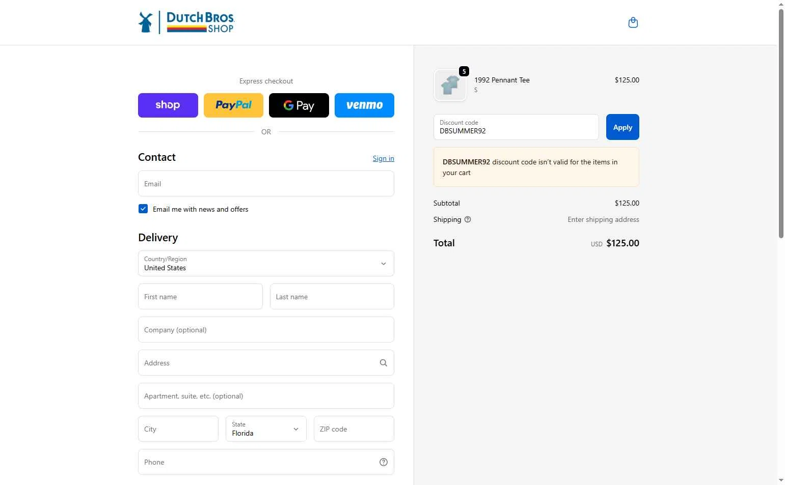 Dutch Bros Coffee checkout page showing Dutch Bros Coffee promo code box | Screenshot taken by SimplyCodes community member on Sep 30, 2025