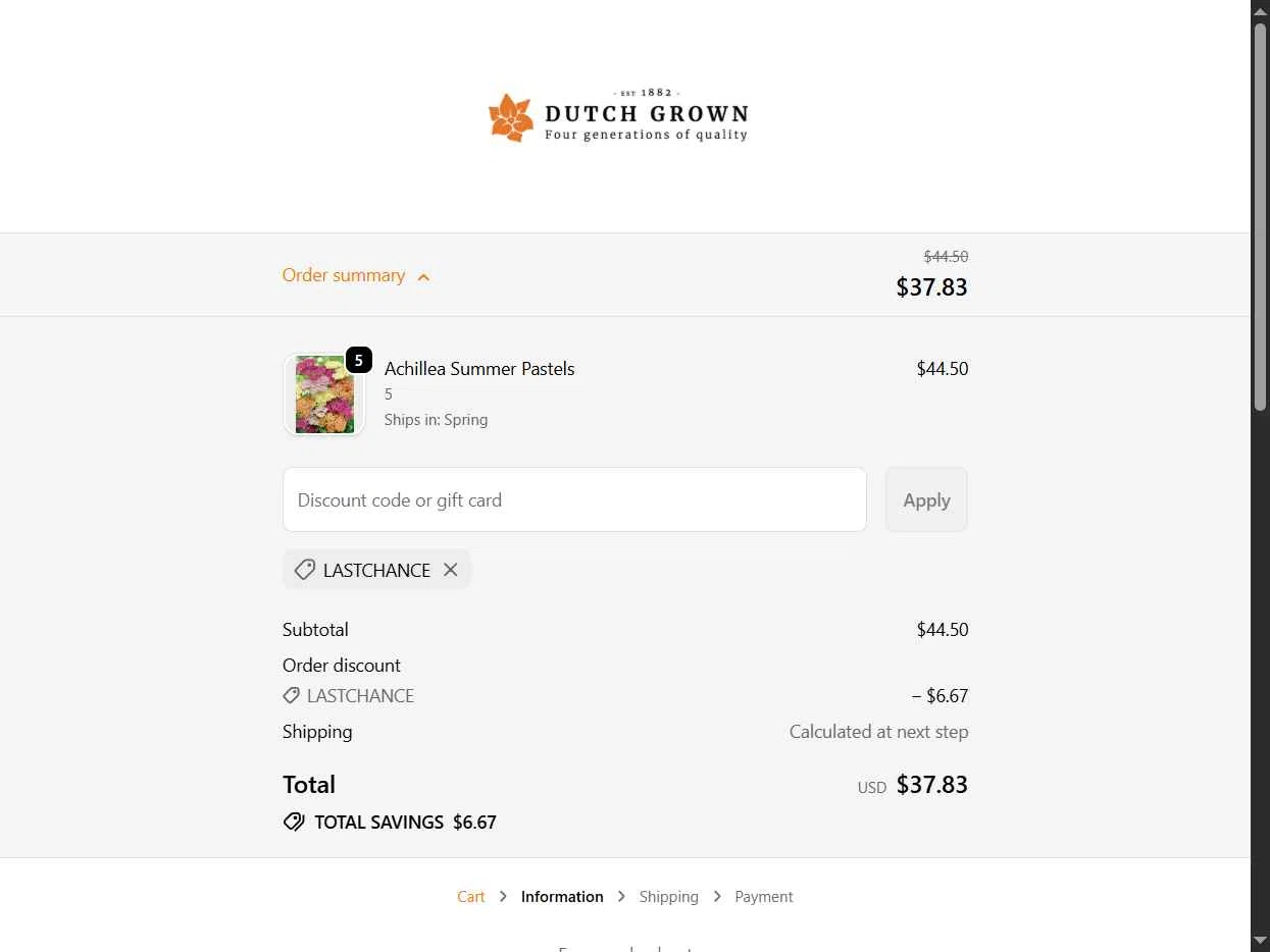DutchGrown checkout page showing DutchGrown coupon code box | Screenshot taken by SimplyCodes community member on Feb 5, 2026