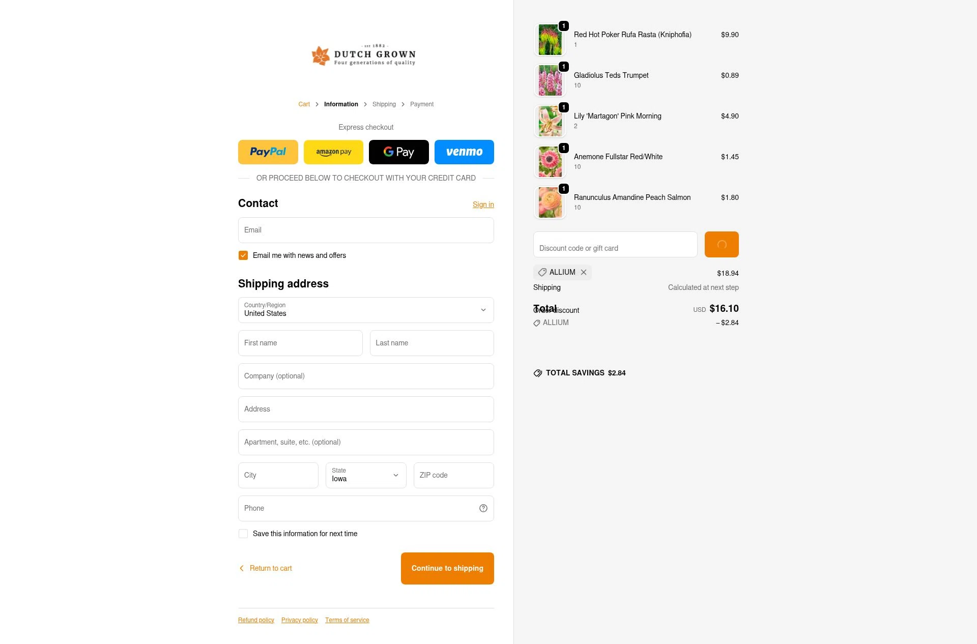 DutchGrown checkout page showing DutchGrown coupon code box | Screenshot taken by SimplyCodes community member on Feb 5, 2026