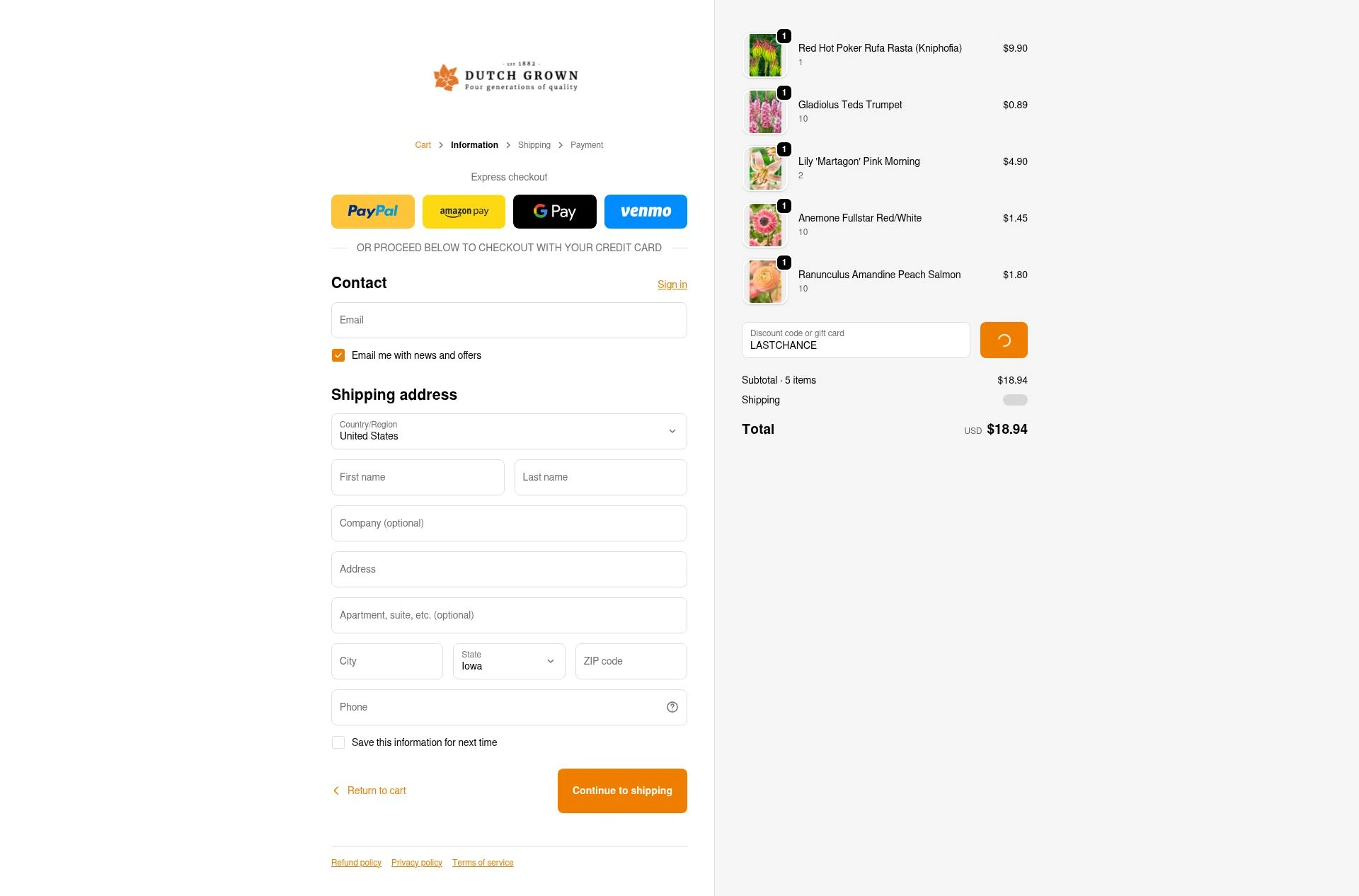 DutchGrown checkout page showing DutchGrown coupon code box | Screenshot taken by SimplyCodes community member on Feb 5, 2026