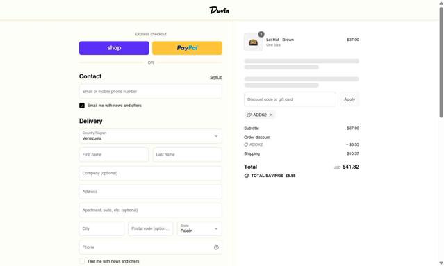Duvin Design checkout page showing Duvin Design coupon code box | Screenshot taken by SimplyCodes community member on Sep 12, 2025