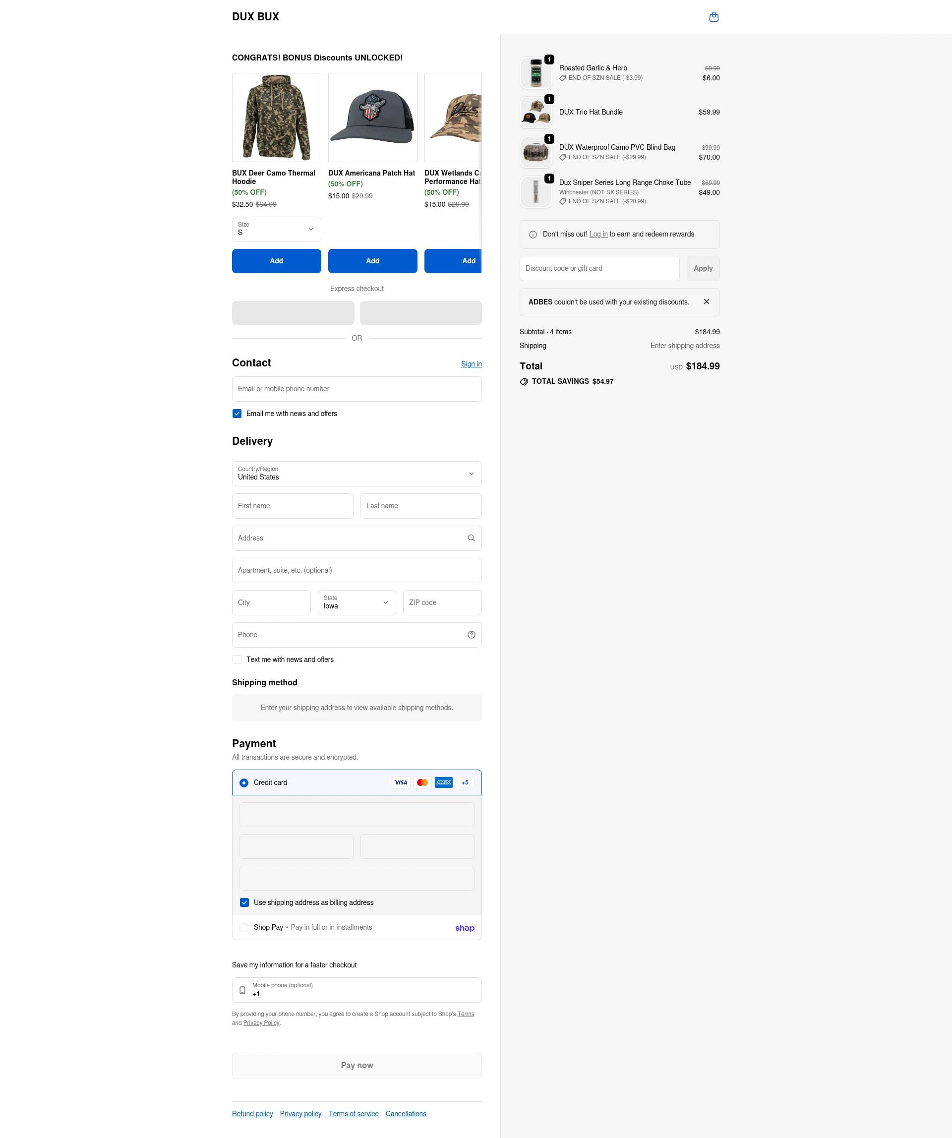 DUX BUX checkout page showing DUX BUX discount code box | Screenshot taken by SimplyCodes community member on Feb 14, 2026