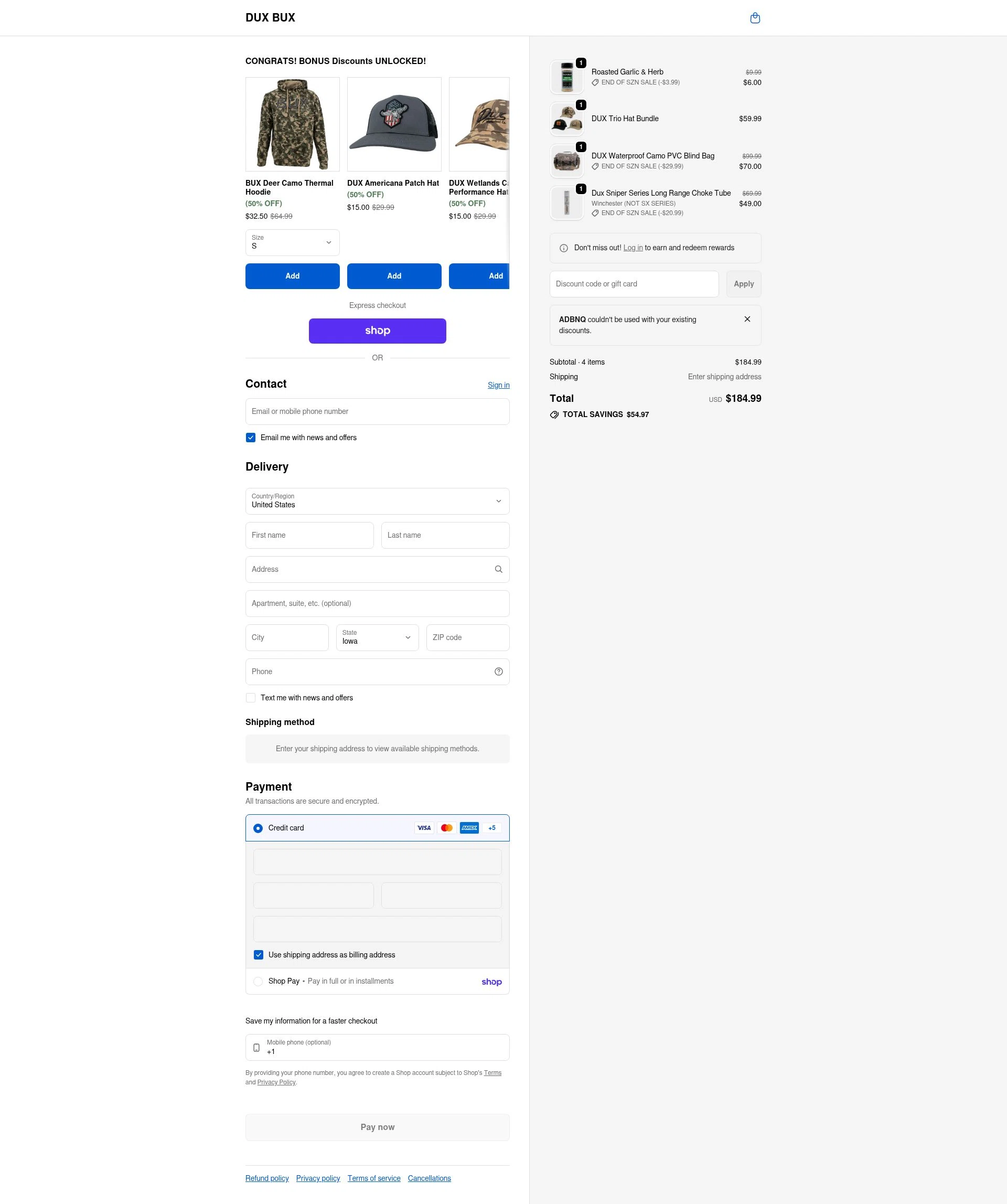 DUX BUX checkout page showing DUX BUX discount code box | Screenshot taken by SimplyCodes community member on Feb 14, 2026