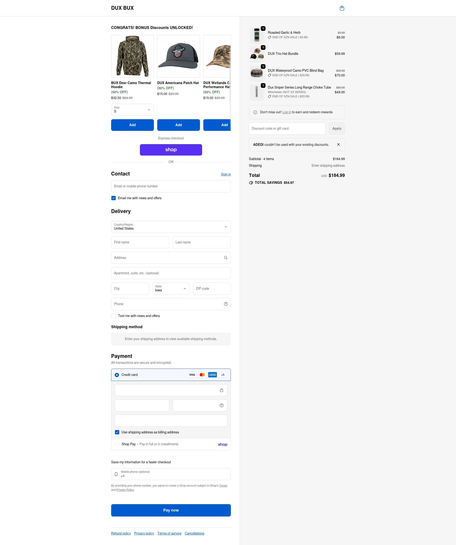 DUX BUX checkout page showing DUX BUX discount code box | Screenshot taken by SimplyCodes community member on Feb 14, 2026