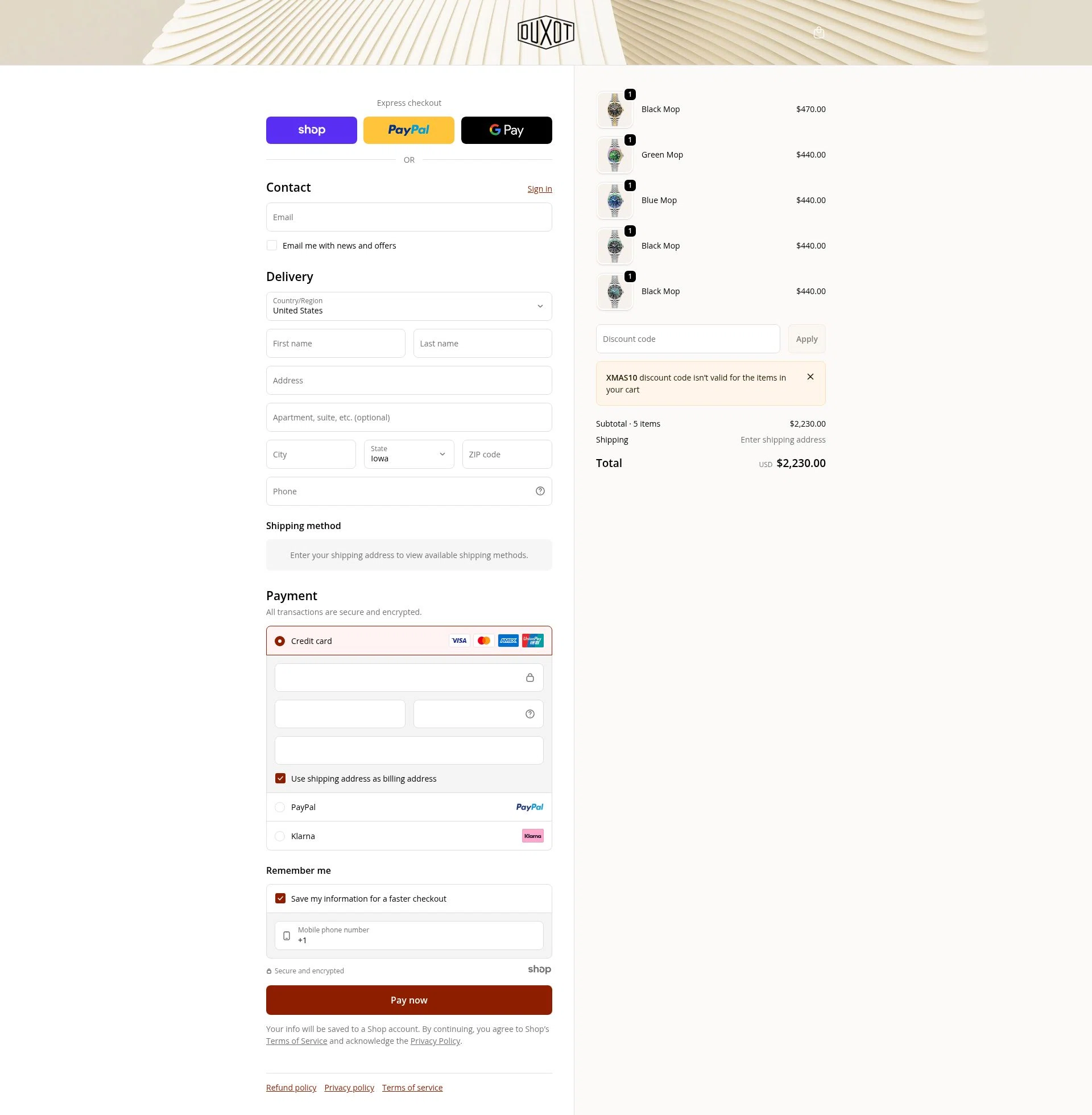Duxot Watches checkout page showing Duxot Watches promo code box | Screenshot taken by SimplyCodes community member on Dec 23, 2025