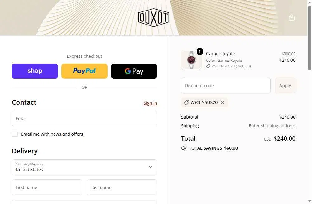 Duxot Watches checkout page showing Duxot Watches promo code box | Screenshot taken by SimplyCodes community member on Dec 29, 2025
