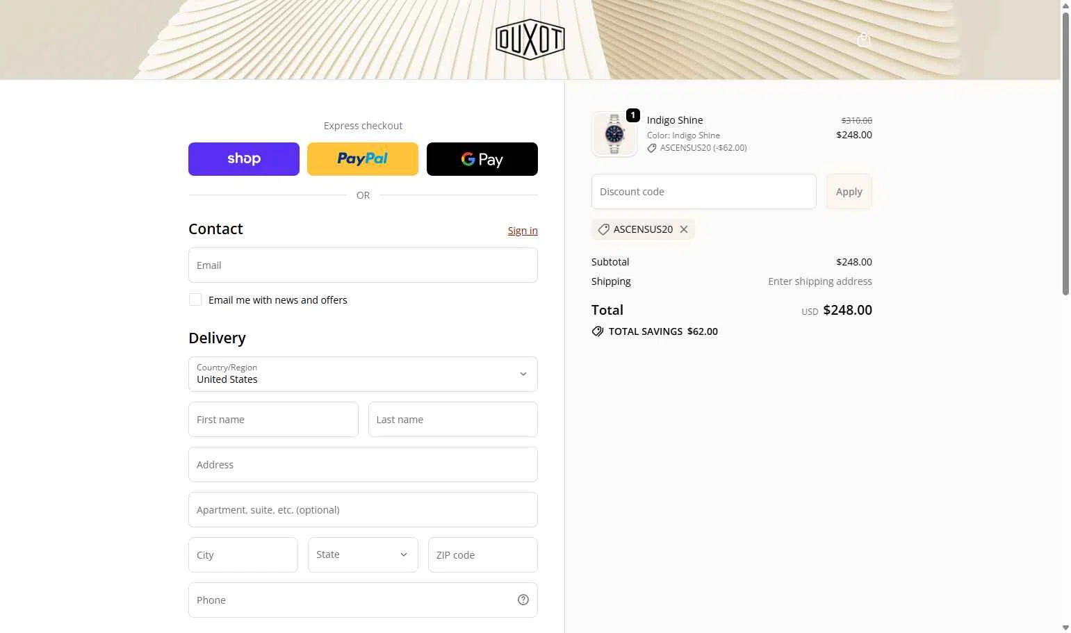 Duxot Watches checkout page showing Duxot Watches promo code box | Screenshot taken by SimplyCodes community member on Dec 19, 2025