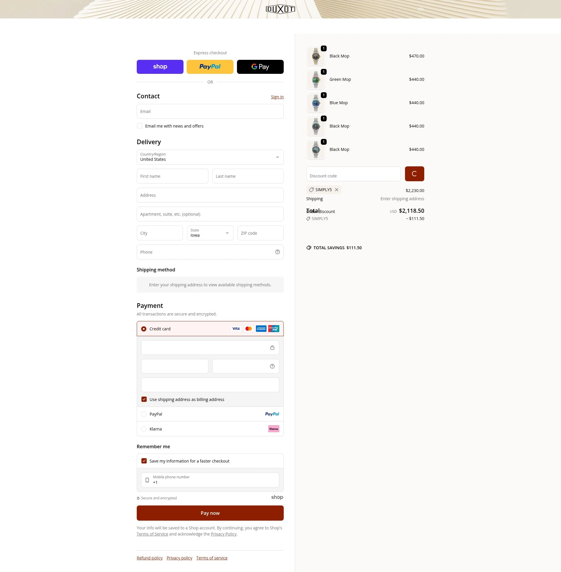Duxot Watches checkout page showing Duxot Watches promo code box | Screenshot taken by SimplyCodes community member on Dec 23, 2025