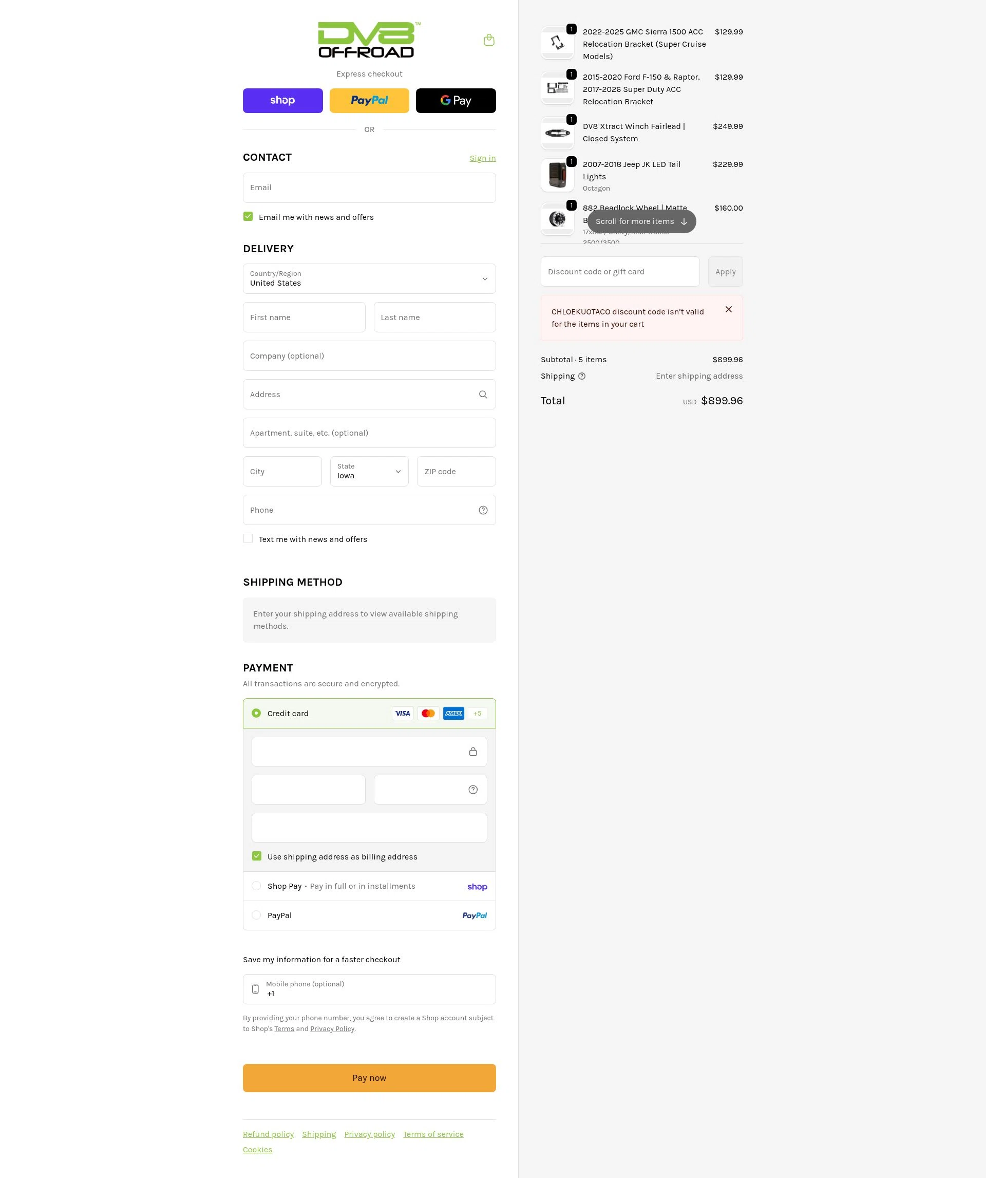 DV8 Offroad checkout page showing DV8 Offroad discount code box | Screenshot taken by SimplyCodes community member on Feb 9, 2026