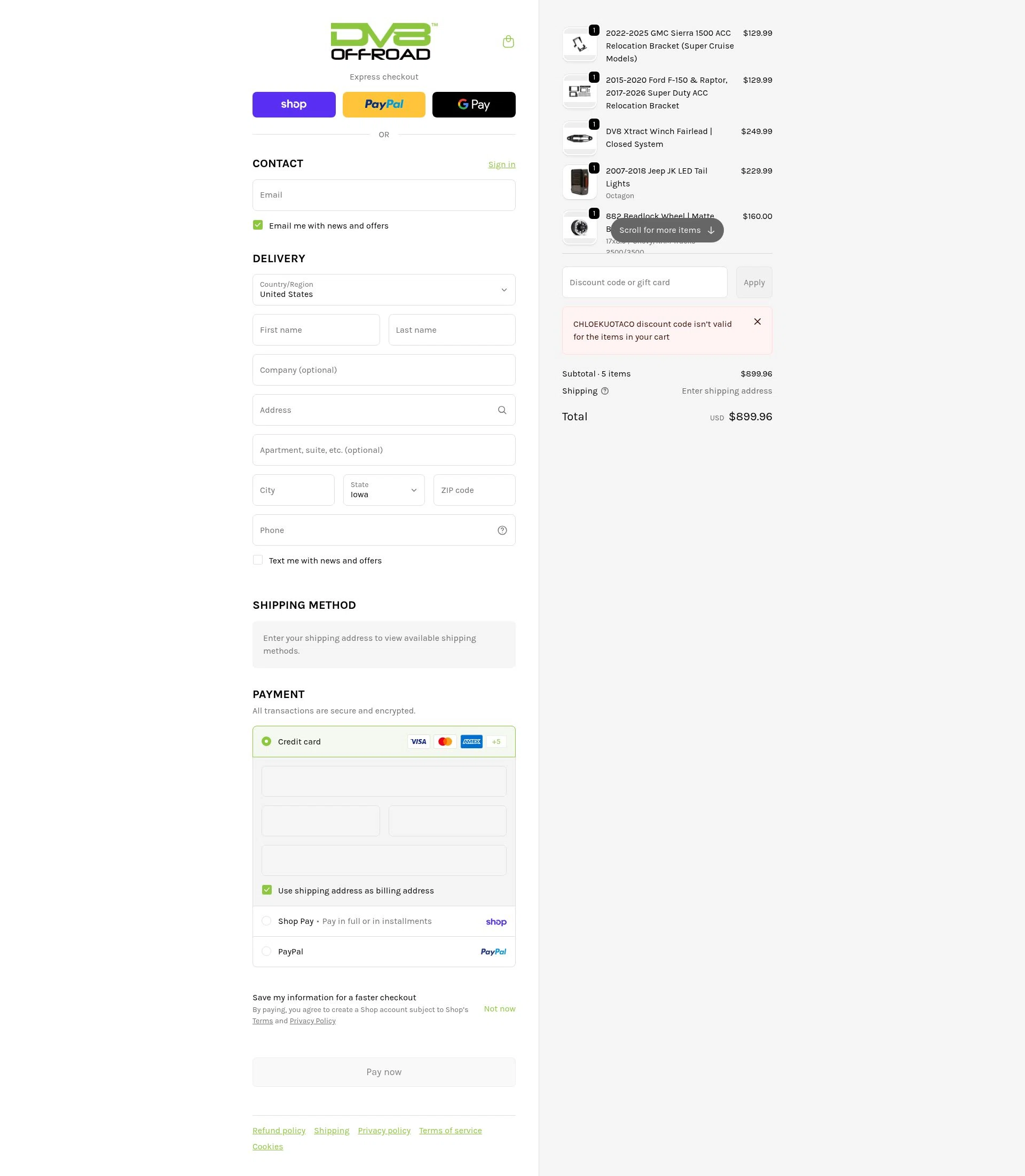DV8 Offroad checkout page showing DV8 Offroad discount code box | Screenshot taken by SimplyCodes community member on Feb 18, 2026