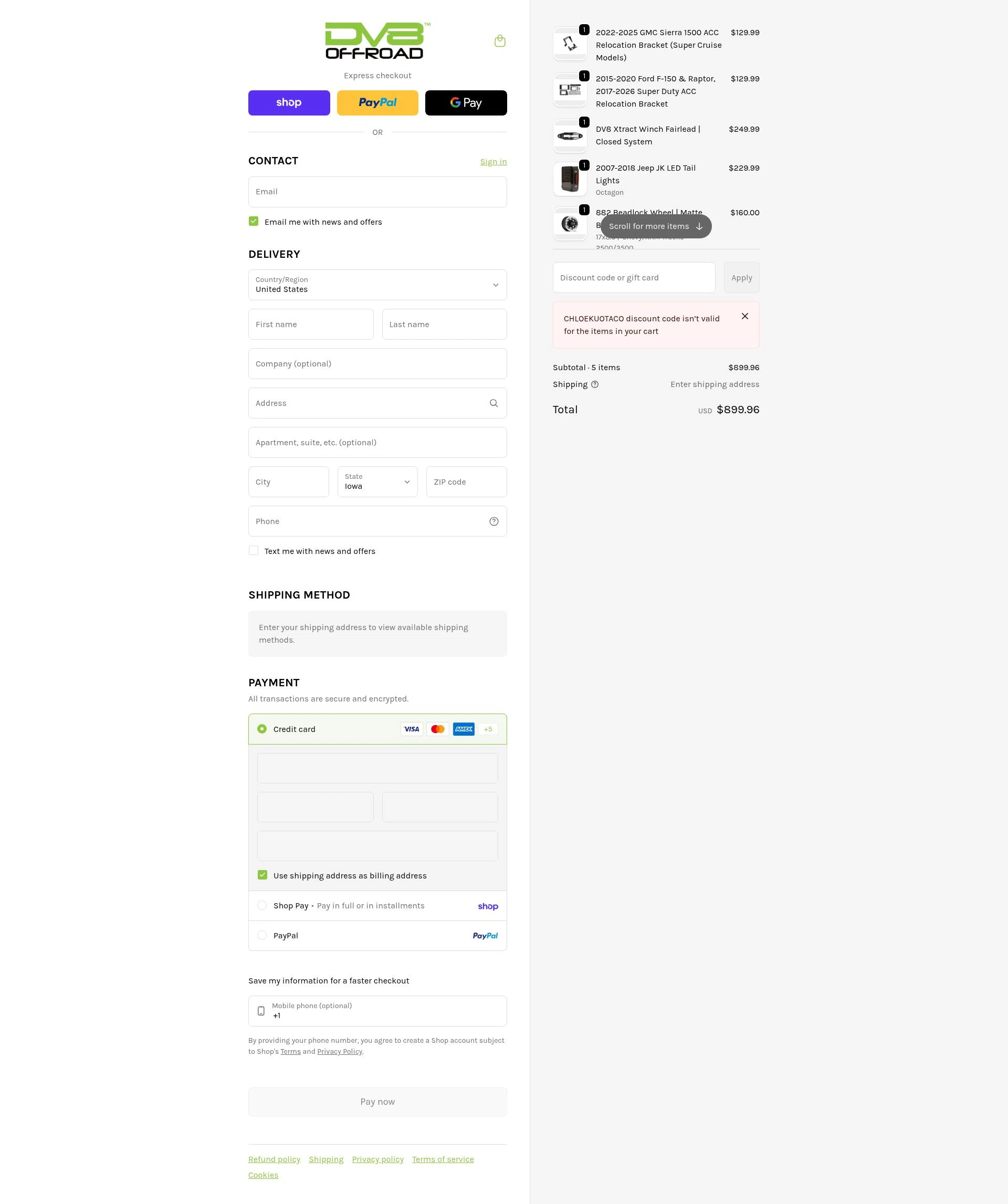 DV8 Offroad checkout page showing DV8 Offroad discount code box | Screenshot taken by SimplyCodes community member on Feb 5, 2026
