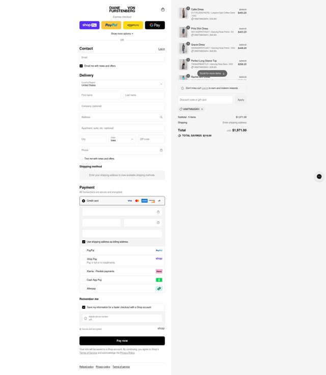 DVF checkout page showing DVF coupon code box | Screenshot taken by SimplyCodes community member on Aug 24, 2025