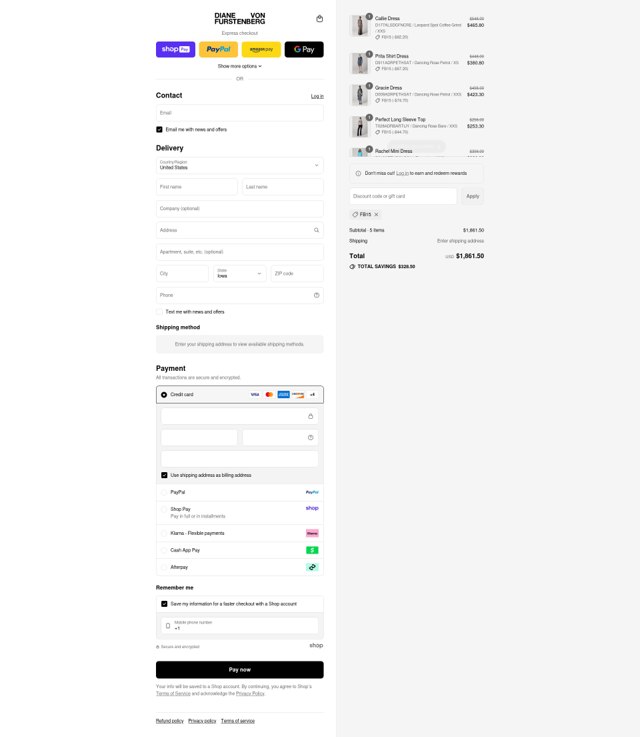 DVF checkout page showing DVF coupon code box | Screenshot taken by SimplyCodes community member on Aug 24, 2025