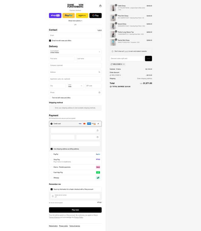 DVF checkout page showing DVF coupon code box | Screenshot taken by SimplyCodes community member on Aug 24, 2025