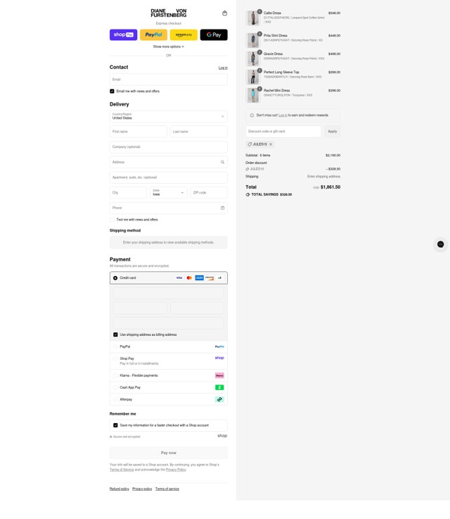 DVF checkout page showing DVF coupon code box | Screenshot taken by SimplyCodes community member on Aug 24, 2025