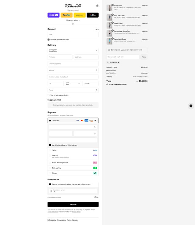 DVF checkout page showing DVF coupon code box | Screenshot taken by SimplyCodes community member on Aug 24, 2025