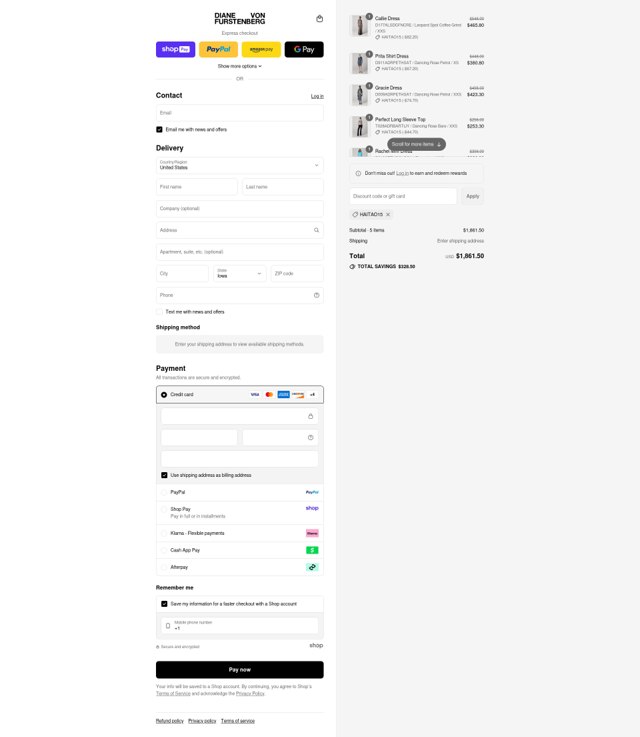 DVF checkout page showing DVF coupon code box | Screenshot taken by SimplyCodes community member on Aug 24, 2025