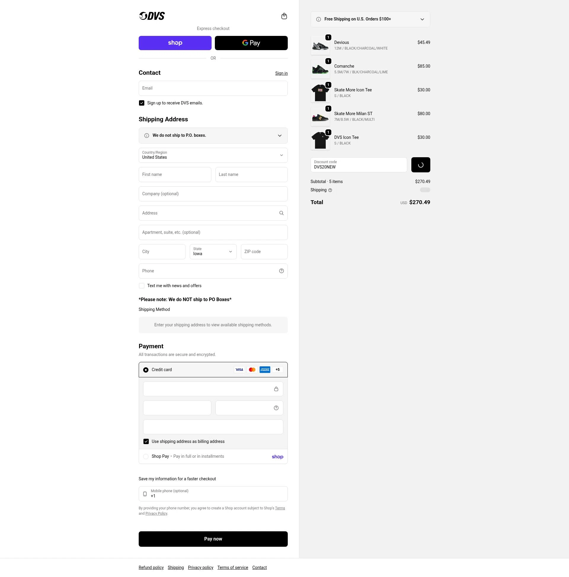 DVS Shoes checkout page showing DVS Shoes coupon code box | Screenshot taken by SimplyCodes community member on Feb 5, 2026