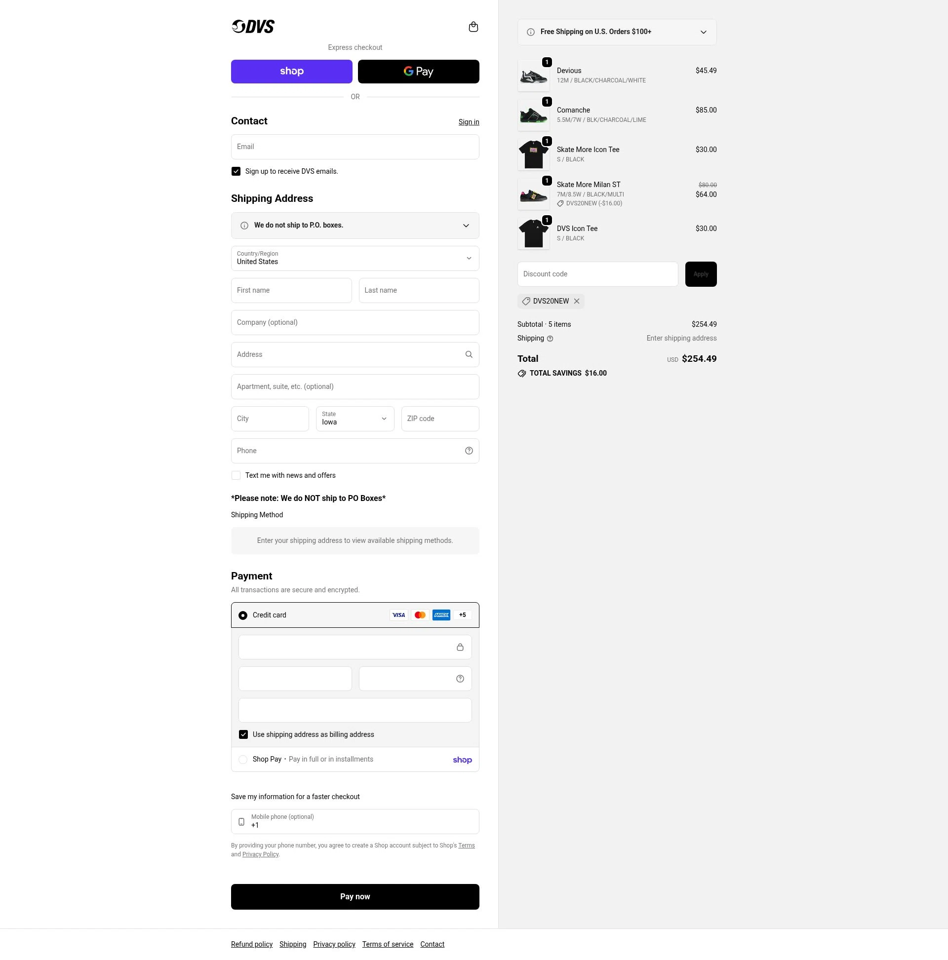 DVS Shoes checkout page showing DVS Shoes coupon code box | Screenshot taken by SimplyCodes community member on Feb 9, 2026