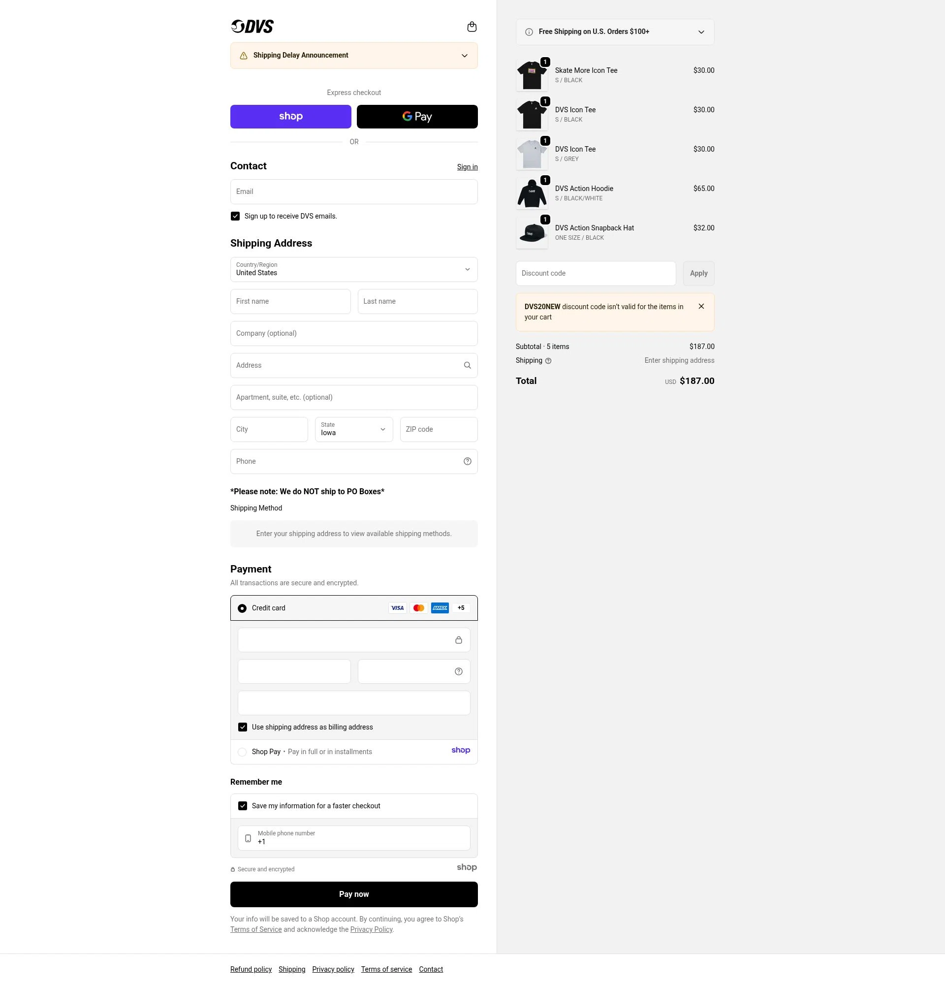 DVS Shoes checkout page showing DVS Shoes coupon code box | Screenshot taken by SimplyCodes community member on Jan 3, 2026