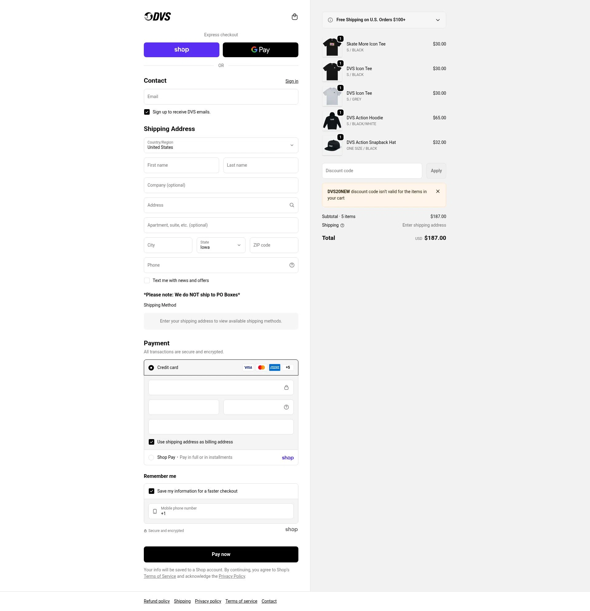 DVS Shoes checkout page showing DVS Shoes coupon code box | Screenshot taken by SimplyCodes community member on Jan 23, 2026