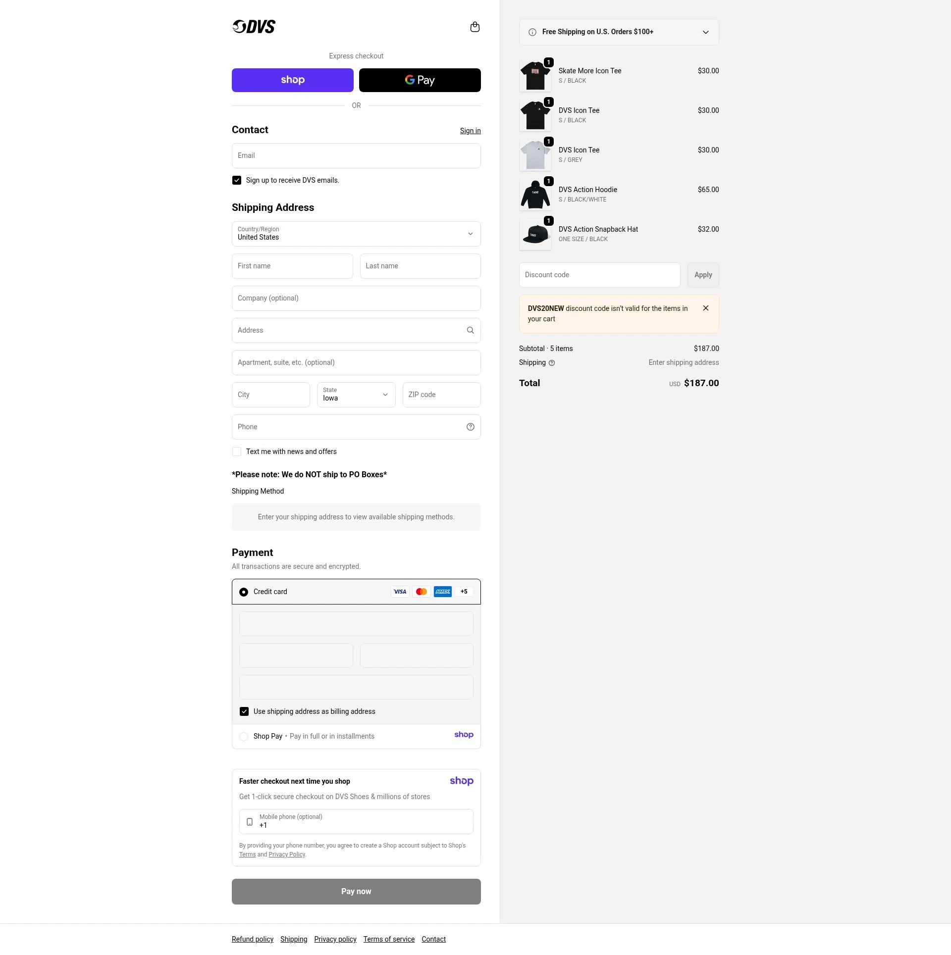 DVS Shoes checkout page showing DVS Shoes coupon code box | Screenshot taken by SimplyCodes community member on Jan 18, 2026