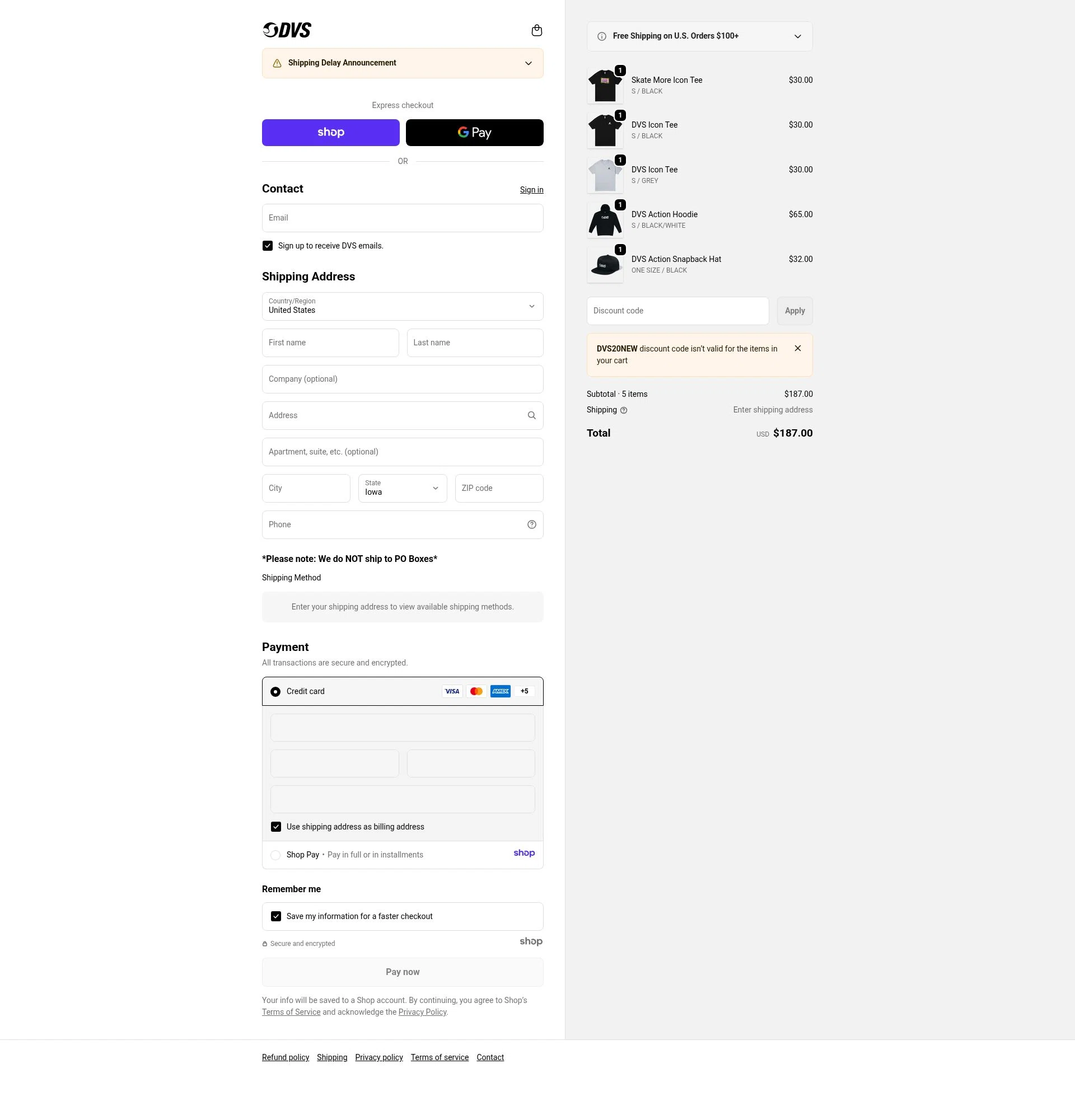 DVS Shoes checkout page showing DVS Shoes coupon code box | Screenshot taken by SimplyCodes community member on Jan 8, 2026