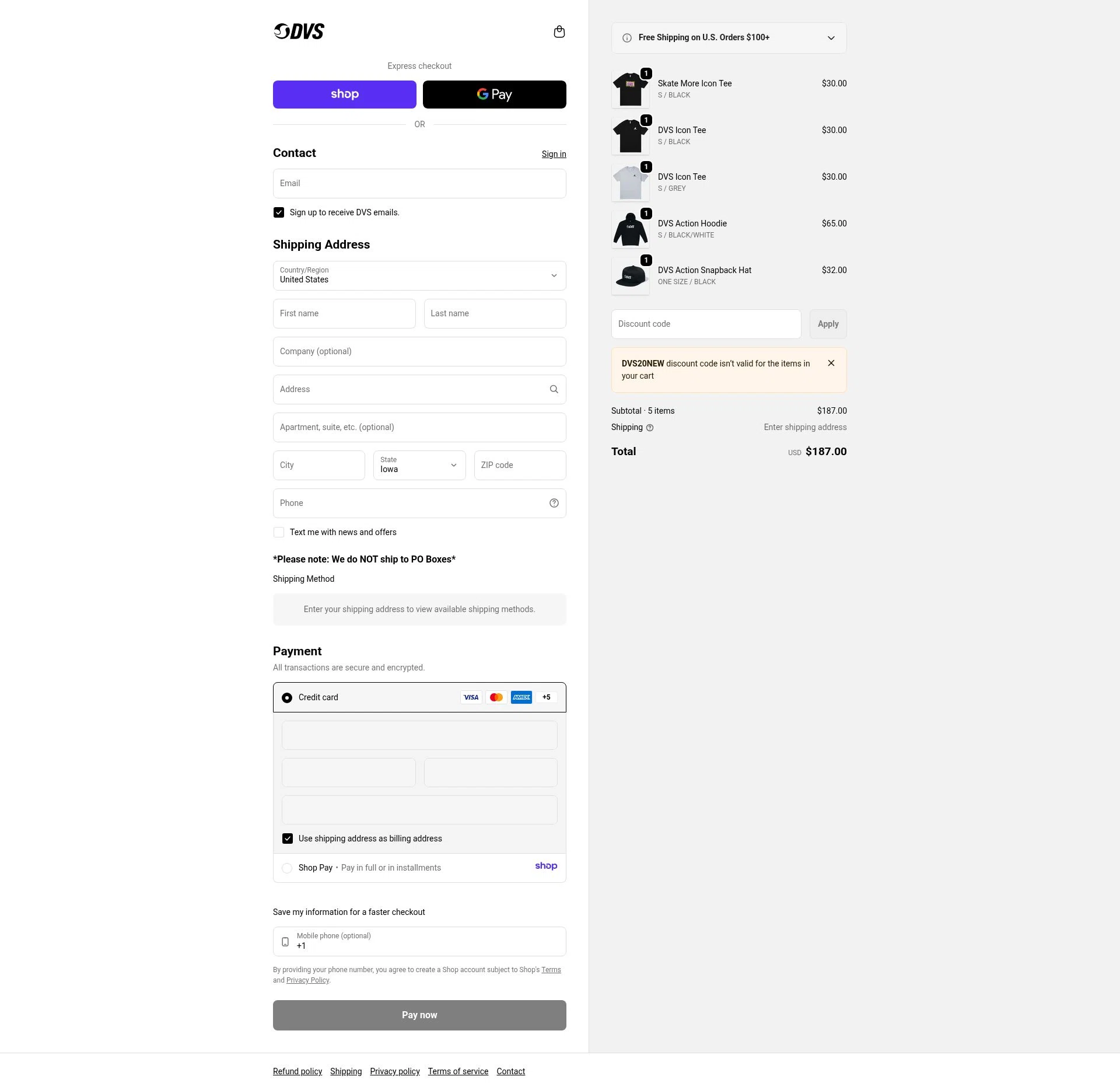 DVS Shoes checkout page showing DVS Shoes coupon code box | Screenshot taken by SimplyCodes community member on Jan 13, 2026