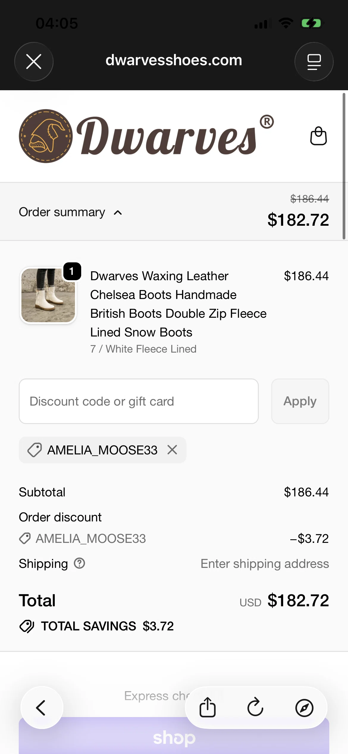 DwarvesShoes promo code screenshot showing code AMELIA_MOOSE33 applied at DwarvesShoes checkout page. Uploaded by SimplyCodes community member Tatiana1999 on Dec 30, 2025