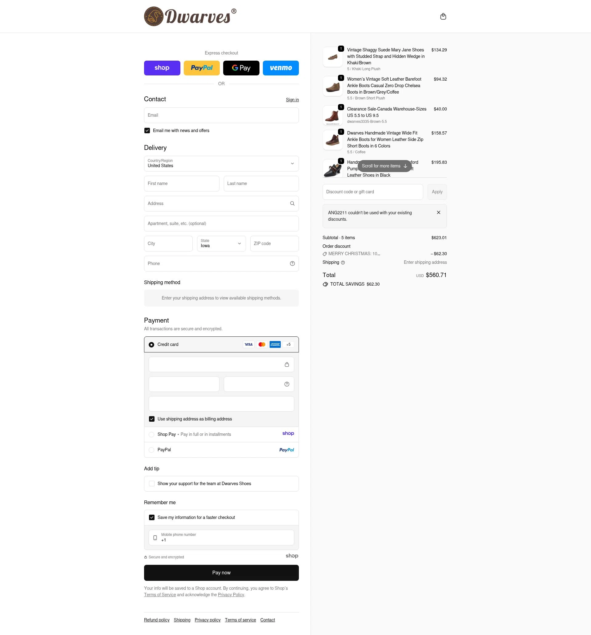 DwarvesShoes checkout page showing DwarvesShoes promo code box | Screenshot taken by SimplyCodes community member on Dec 30, 2025