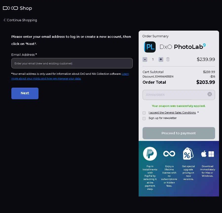 DxO checkout page showing DxO promo code box | Screenshot taken by SimplyCodes community member on Jan 20, 2026