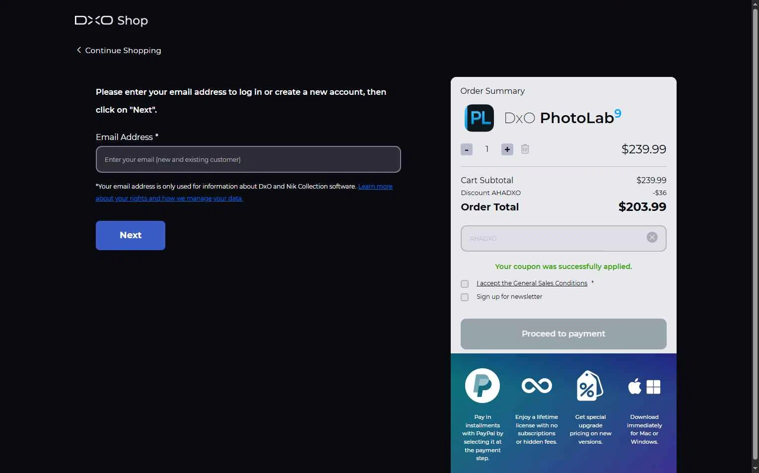 DxO checkout page showing DxO promo code box | Screenshot taken by SimplyCodes community member on Jan 20, 2026