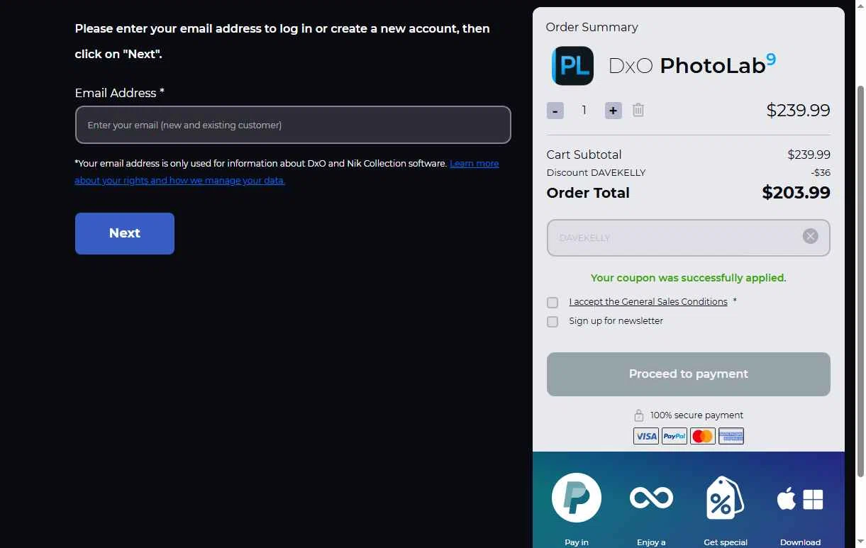 DxO checkout page showing DxO promo code box | Screenshot taken by SimplyCodes community member on Feb 1, 2026